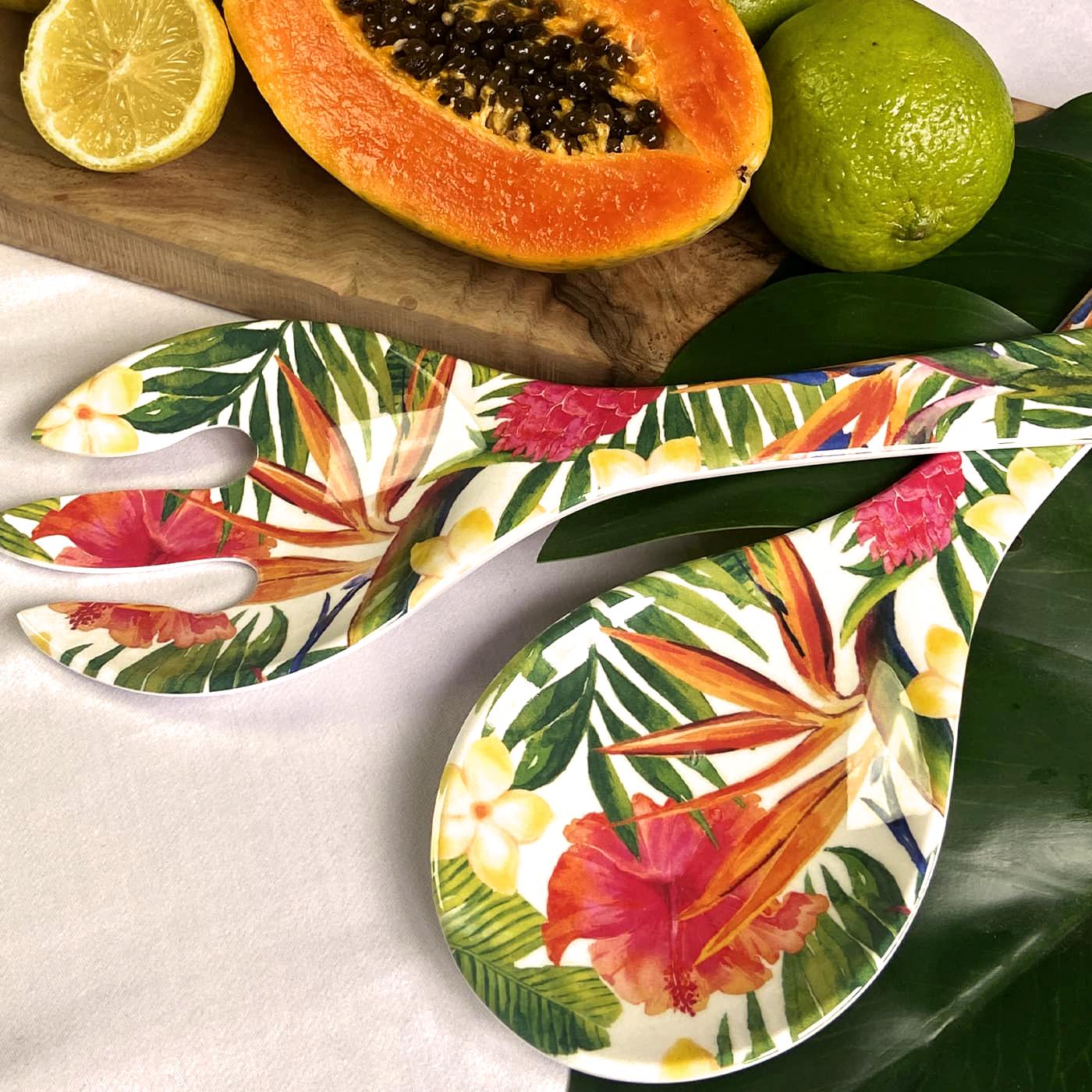 Salad servers in melamine with exotic flowers - 33 cm