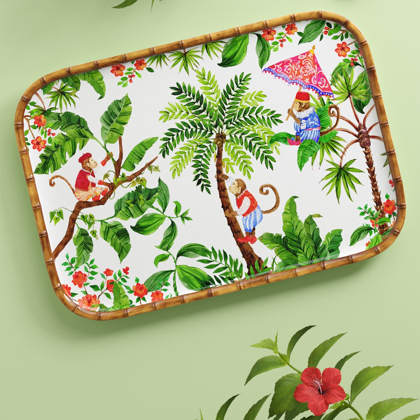 Rectangular tray in melamine with monkeys 45 x 32 cm