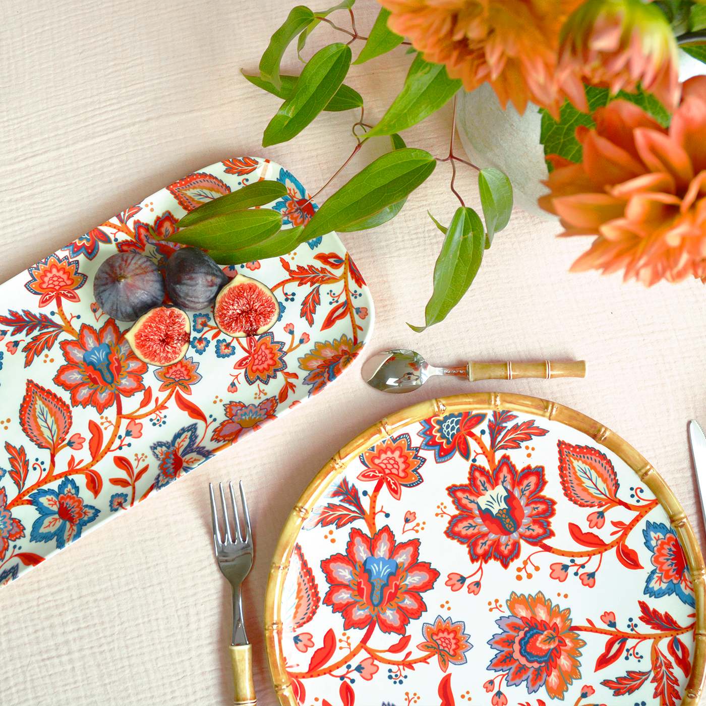 Long rectangular melamine cake dish with flowers - 37.5 cm