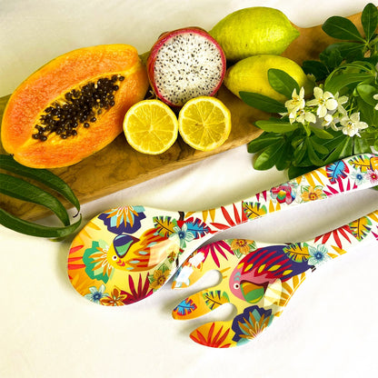 Salad servers in melamine with parrots - 33 cm