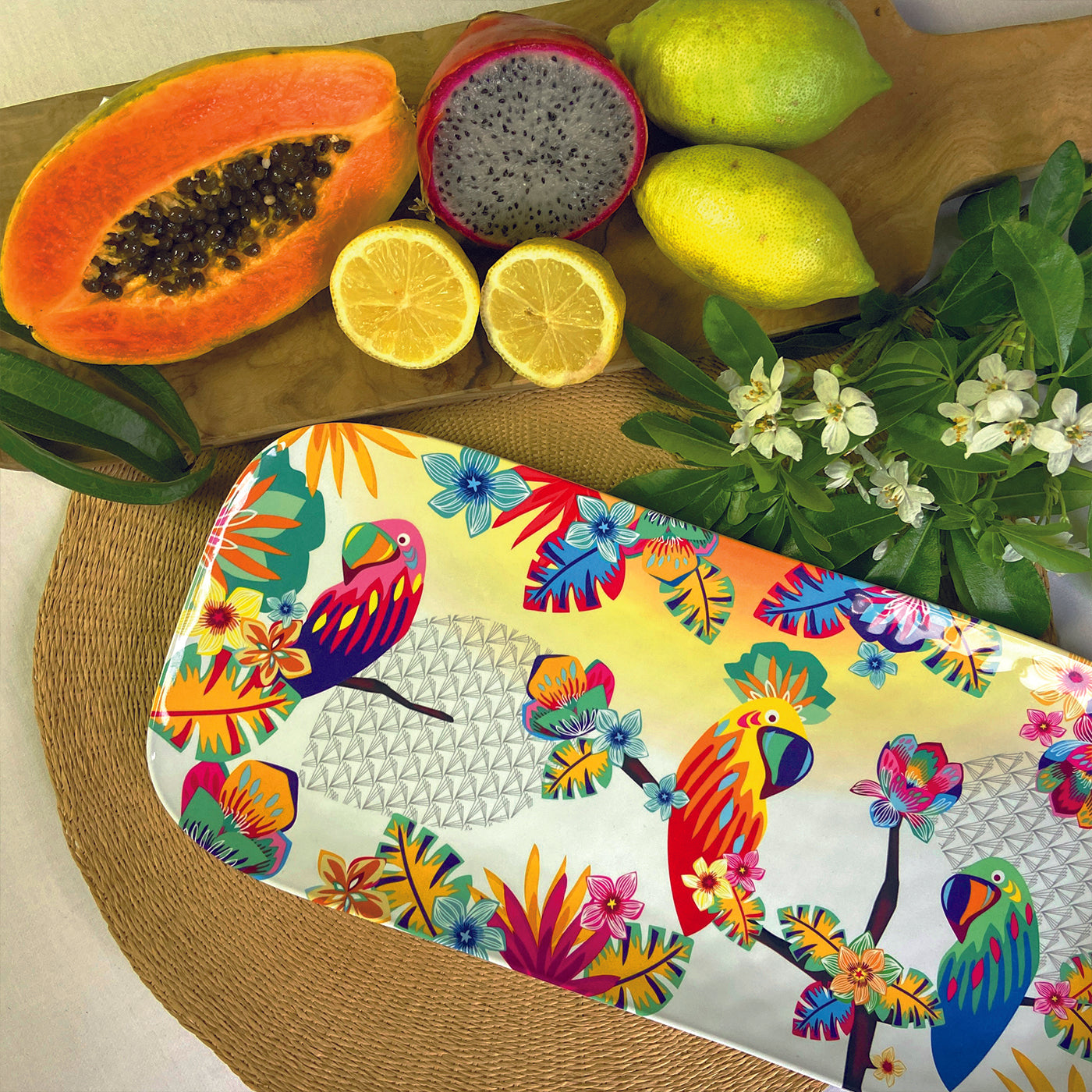 Large rectangular platter in melamine with toucans - 37,5 x 17 cm