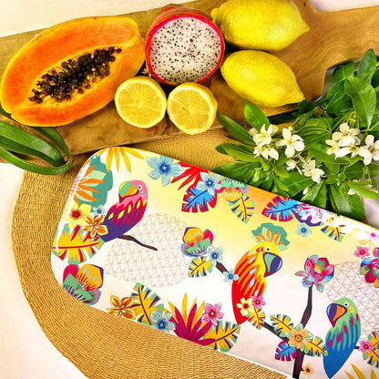 Large rectangular platter in melamine with toucans - 37,5 x 17 cm