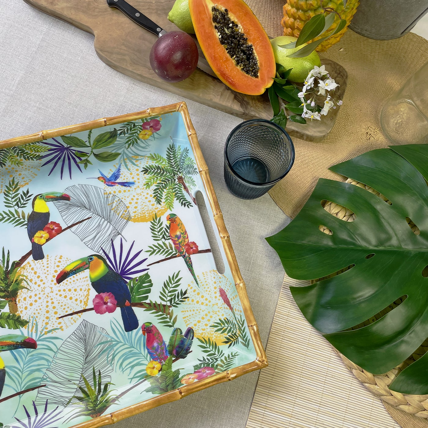 Large melamine tray with handles - toucan design - 50 x 36 x 5 cm