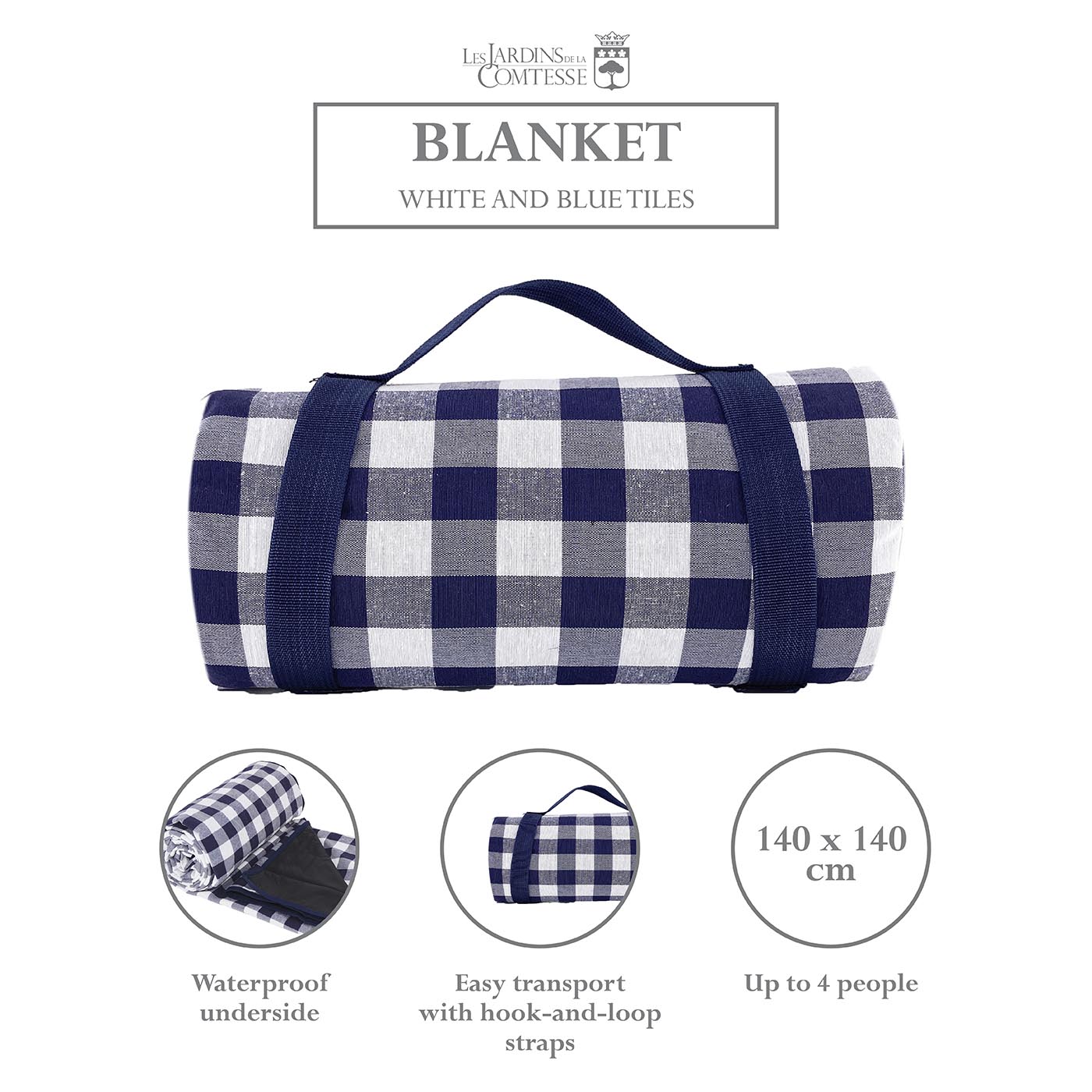 Waterproof picnic blanket white and blue tiles