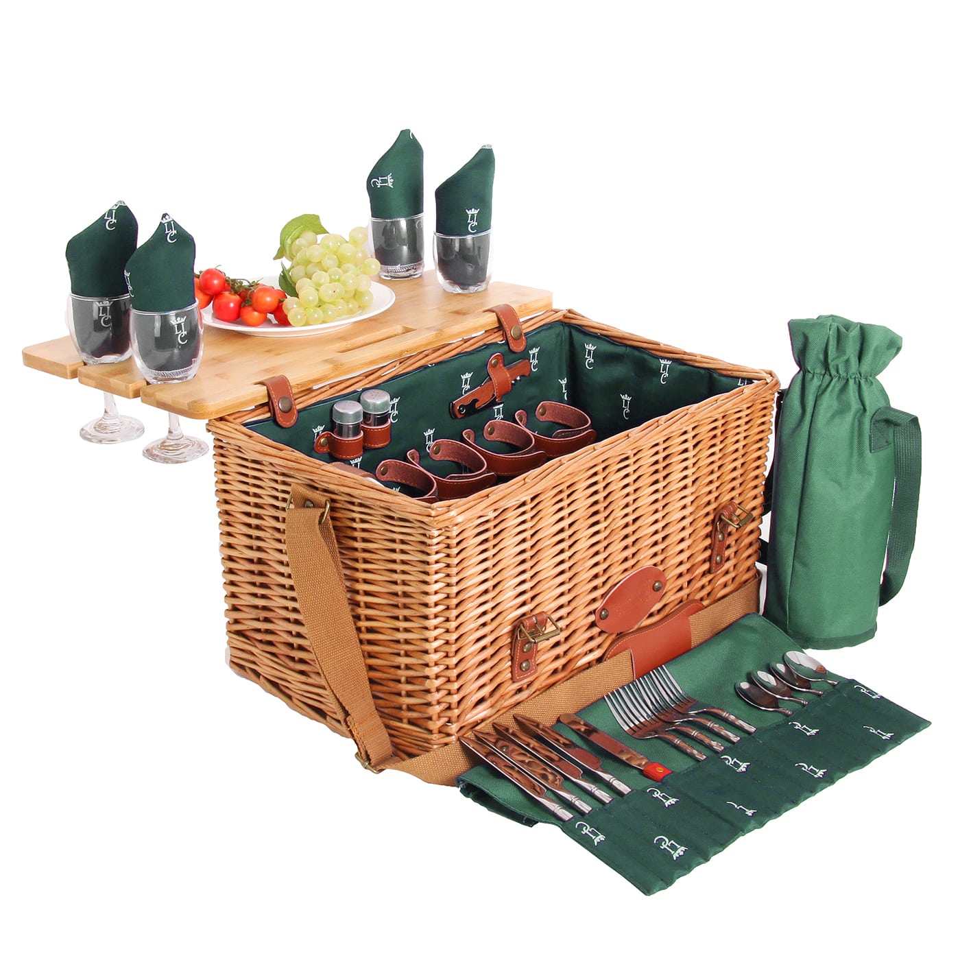 Leather picnic basket with table Saint-Honoré green - 4 person