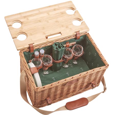 Leather picnic basket with table Saint-Honoré green - 4 person