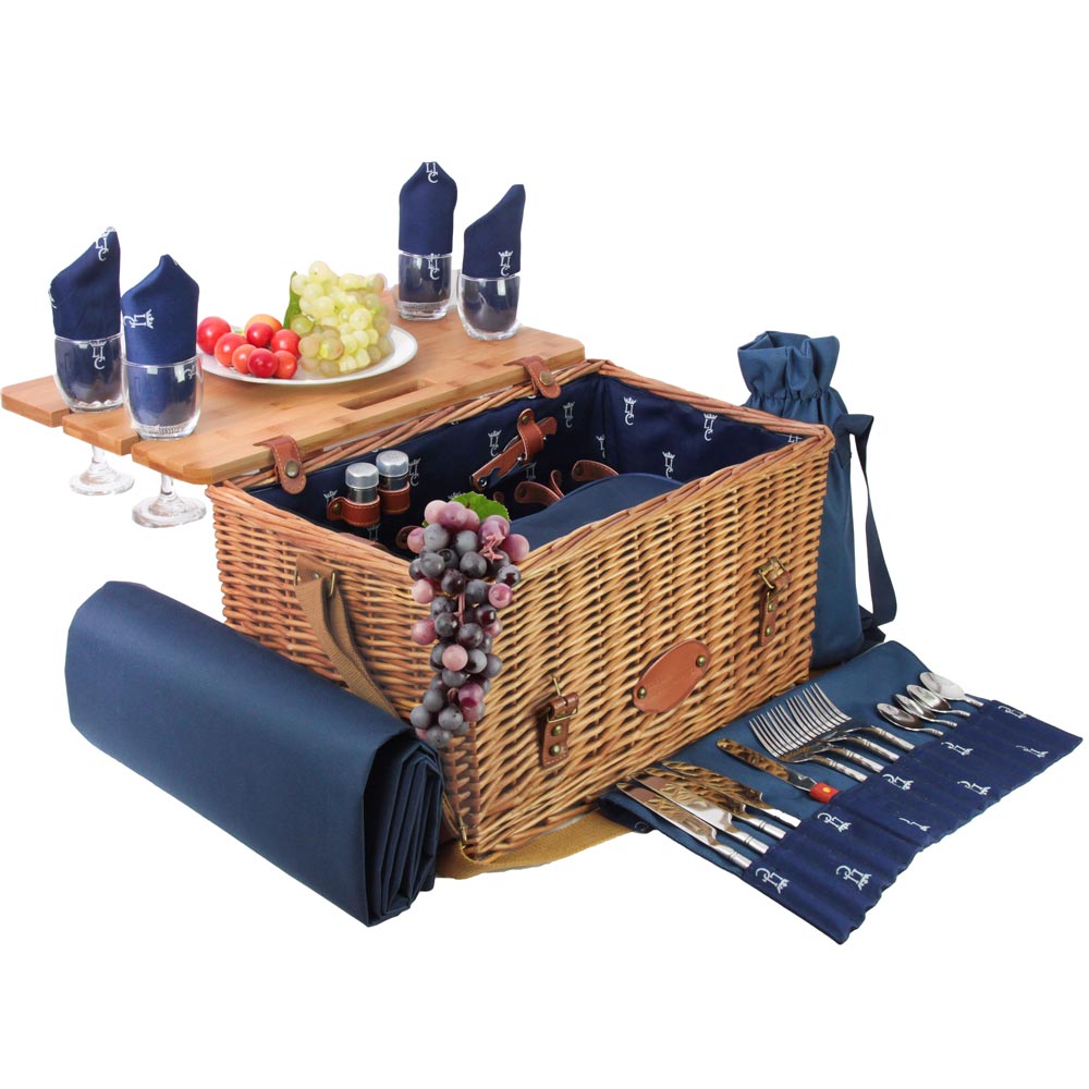 Leather picnic basket with table Saint-Honoré blue- 4 person