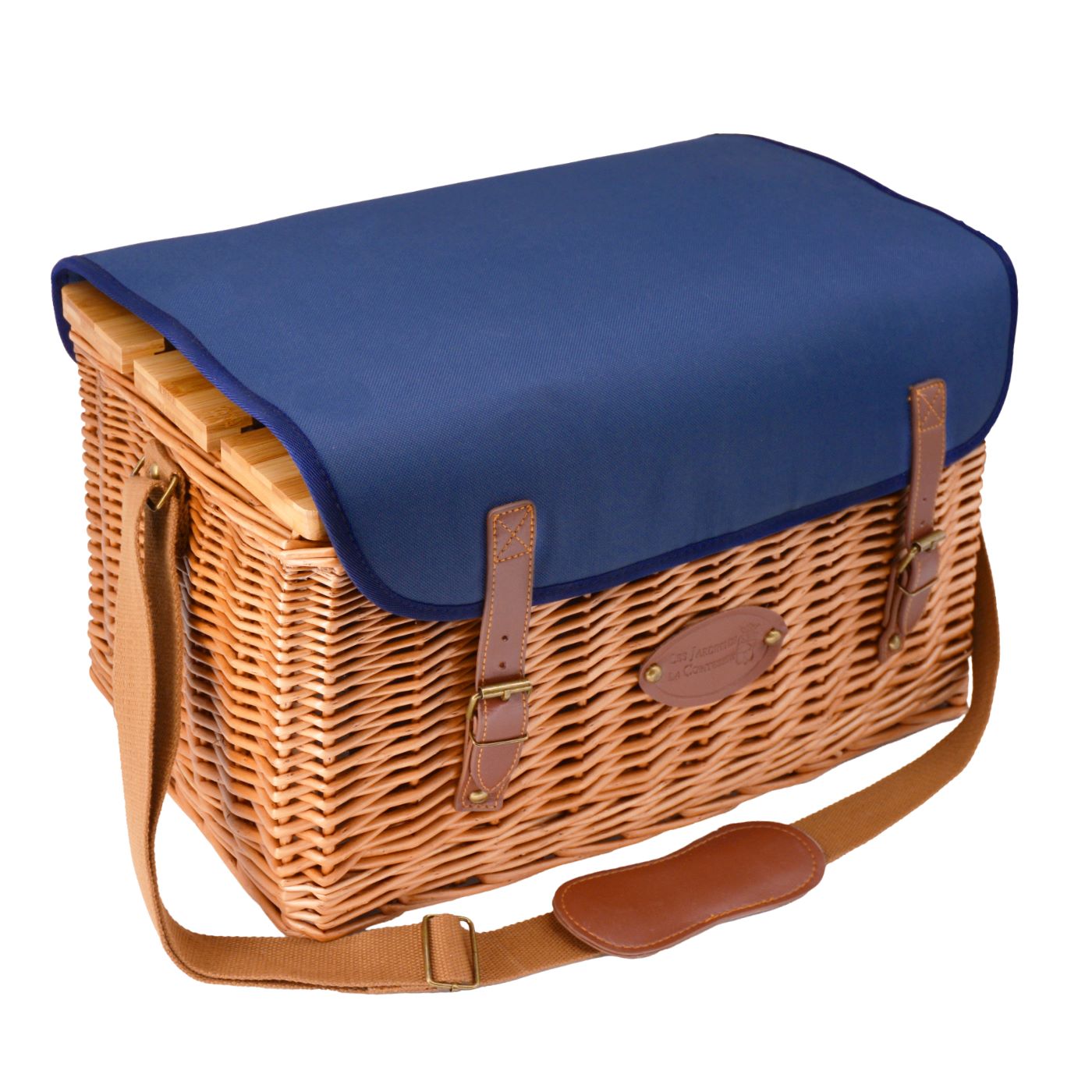 Leather picnic basket with table Saint-Honoré blue- 4 person