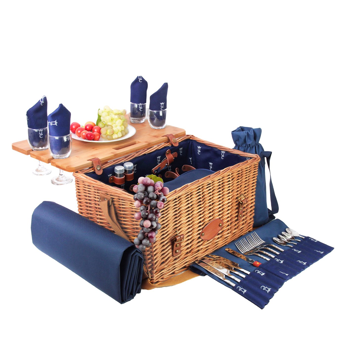 Leather picnic basket with table Saint-Honoré blue- 4 person