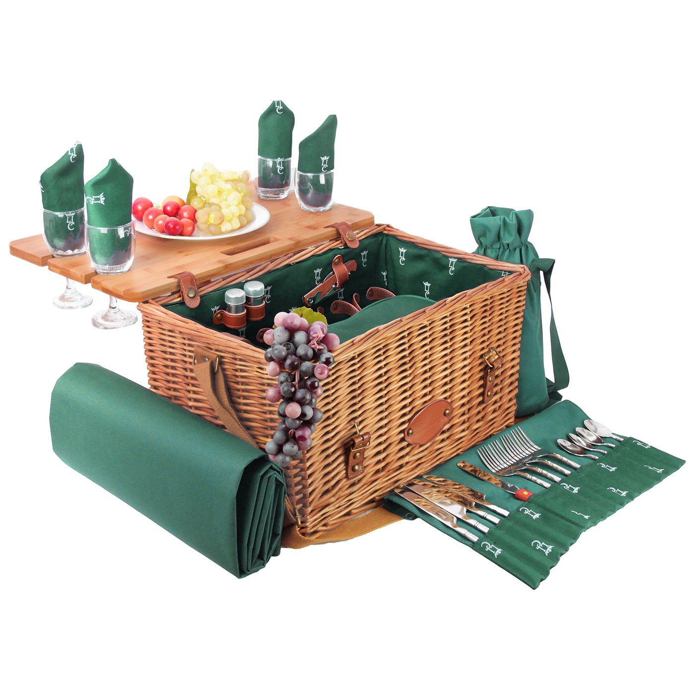 Leather picnic basket with table Saint-Honoré green - 4 person