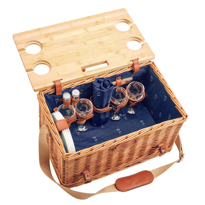 Leather picnic basket with table Saint-Honoré blue- 4 person