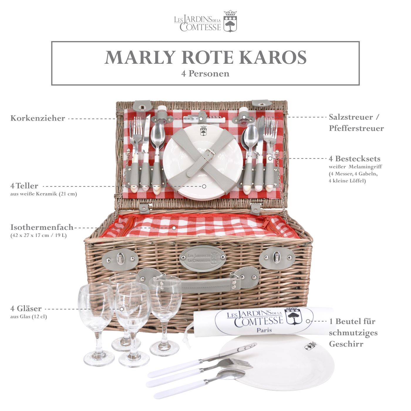 Picnic basket Marly red checks - 4 person