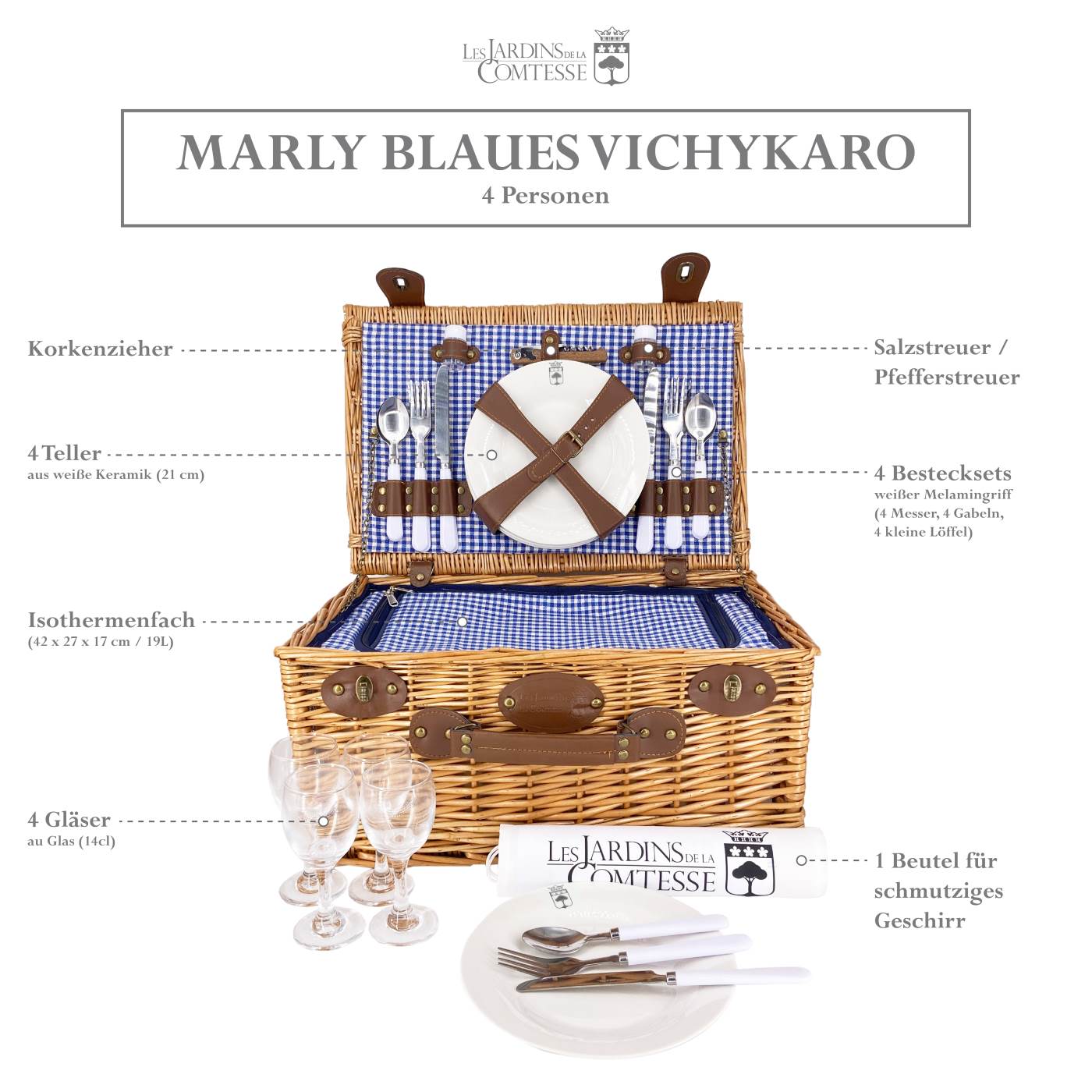 Picnic basket Marly blue checks - 4 person