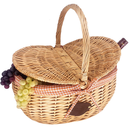 Wicker basket Campagne with cutlery and doily - Orange gingham