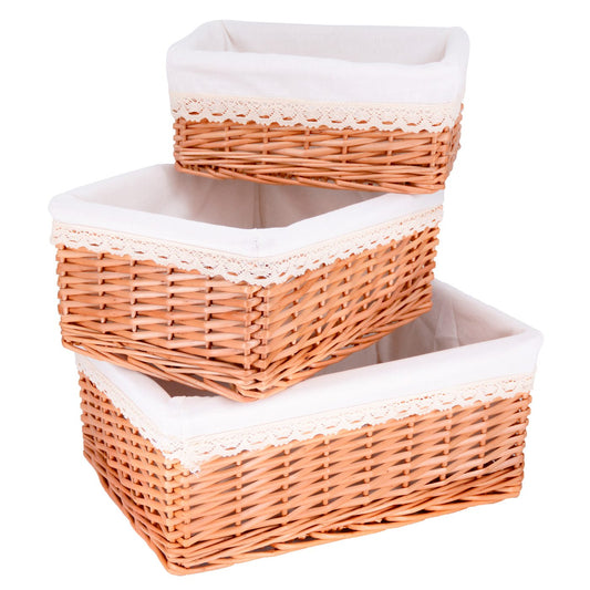 Set of 3 wicker storage baskets - White fabric