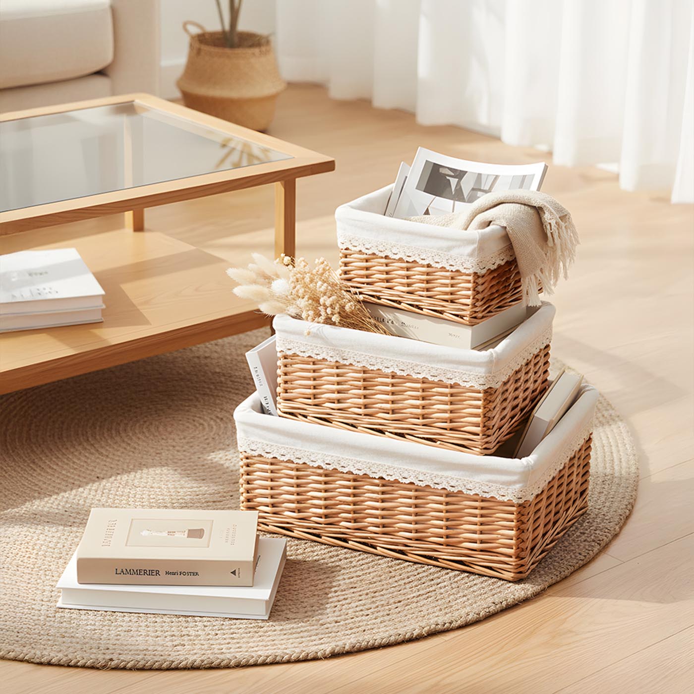 Set of 3 wicker storage baskets - White fabric