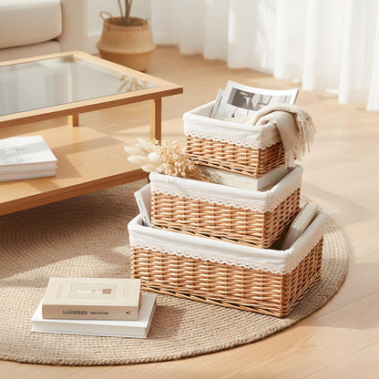 Set of 3 wicker storage baskets - White fabric