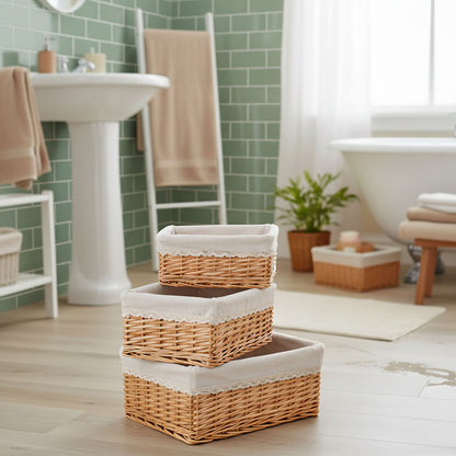 Set of 3 wicker storage baskets - Beige fabric
