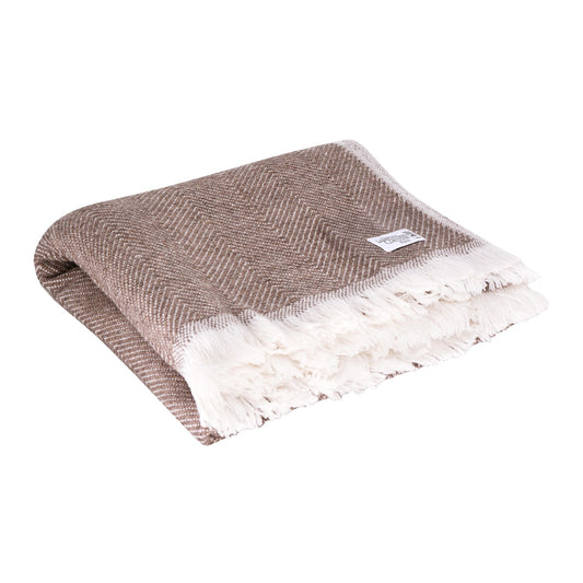 Glazed brown and ivory wool plaid - large herringbone - 130 x 200 cm