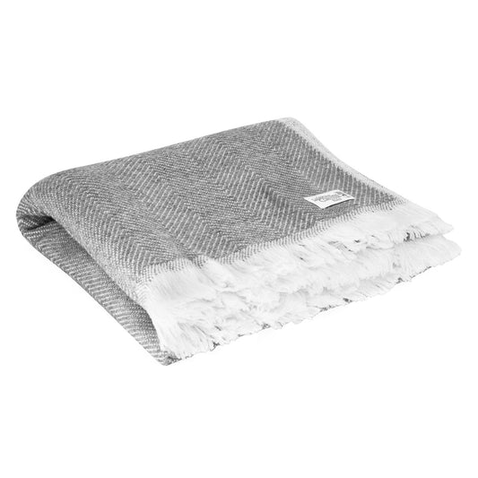 Grey and ivory wool plaid - large herringbone - 130 x 200 cm