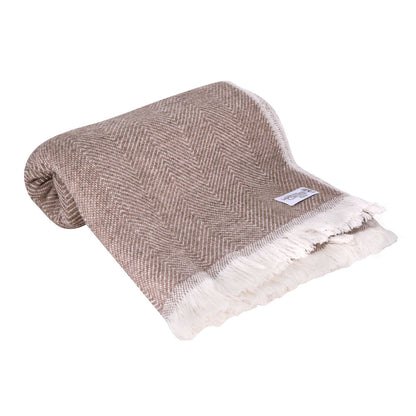 Glazed brown and ivory wool plaid - large herringbone - 130 x 200 cm