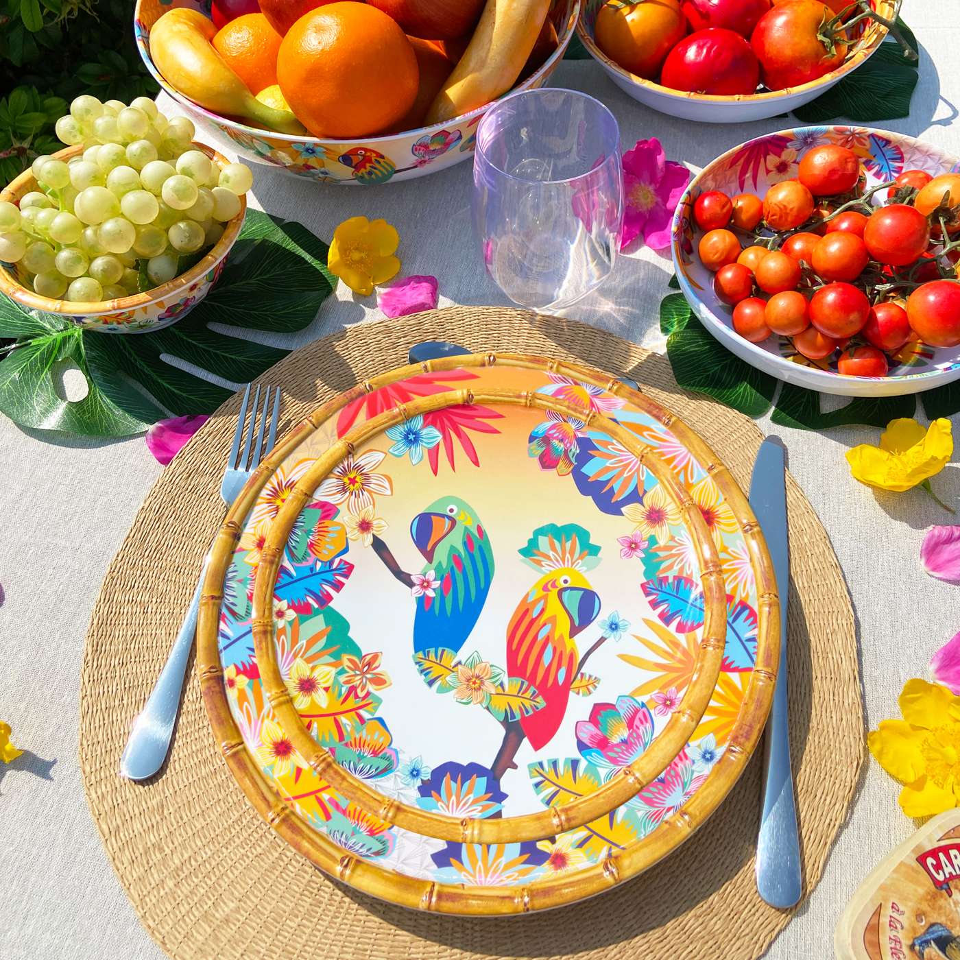 Large dinner plate in melamine with parrots - Ø 28 cm