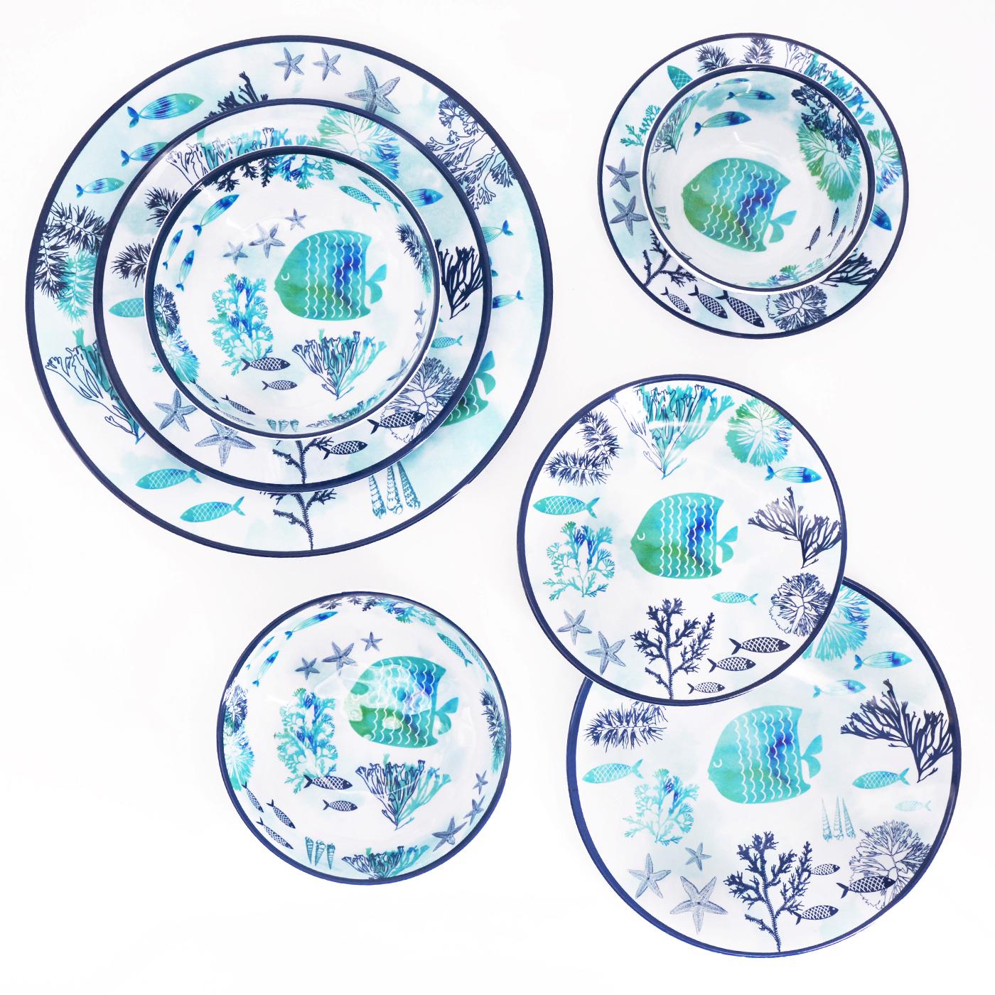 Round tray with handles in melamine with sea design - Ø 36 cm