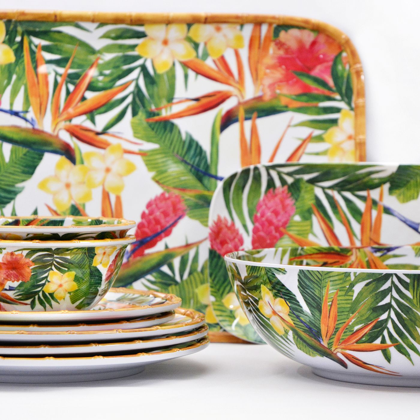 Rectangular tray in melamine with exotic flowers - 45 x 32 cm