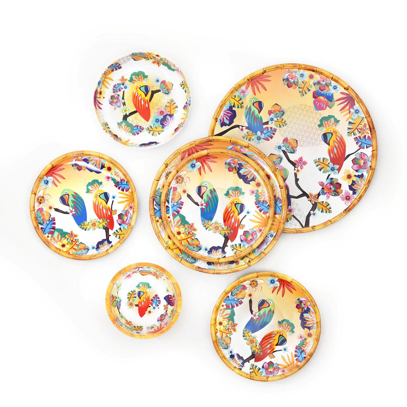 Large dinner plate in melamine with parrots - Ø 28 cm