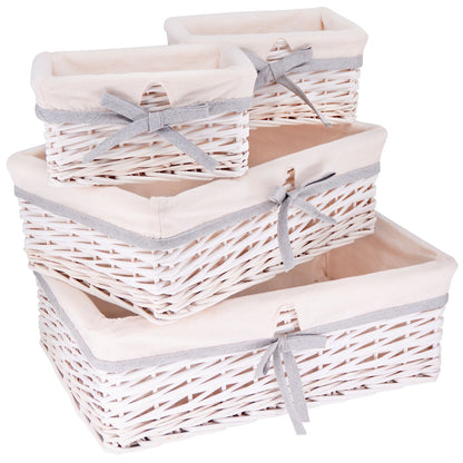 Set of 4 white wicker storage baskets - White fabric