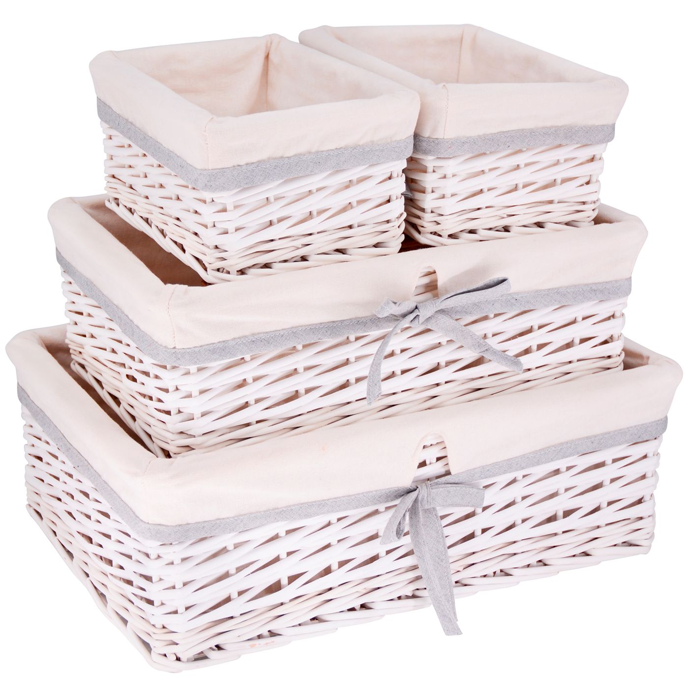 Set of 4 white wicker storage baskets - White fabric