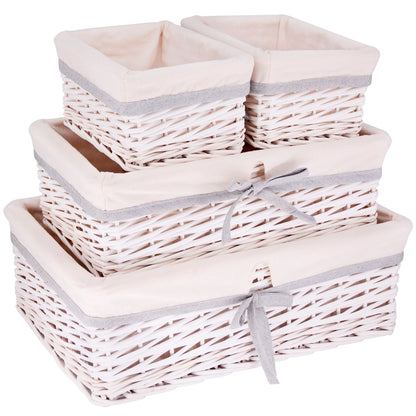 Set of 4 white wicker storage baskets - White fabric