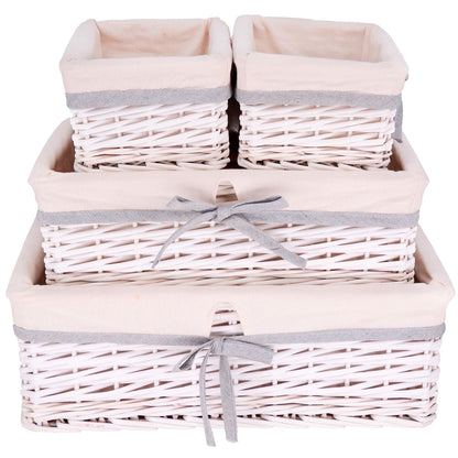 Set of 4 white wicker storage baskets - White fabric
